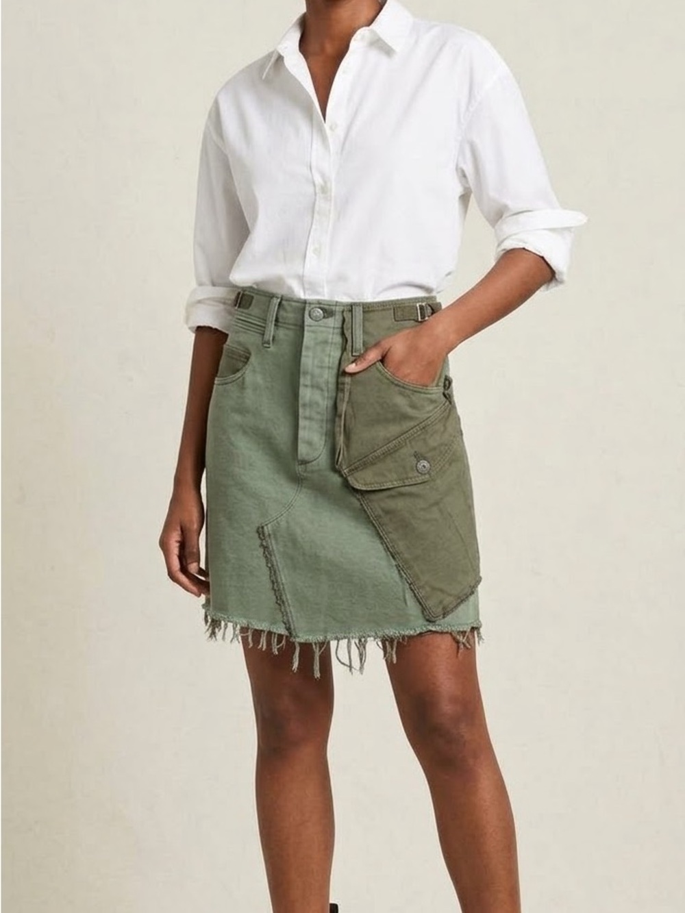 MOTHER Two-Tone Olive Green Distressed Cargo Mini Skirt